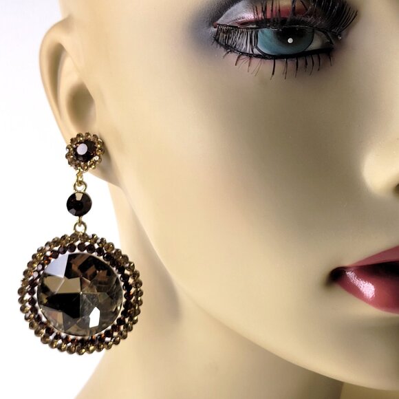 Vintage Inspired Round Cut Champagne and Amber Glass Stone Drop Earrings - Picture 2 of 11